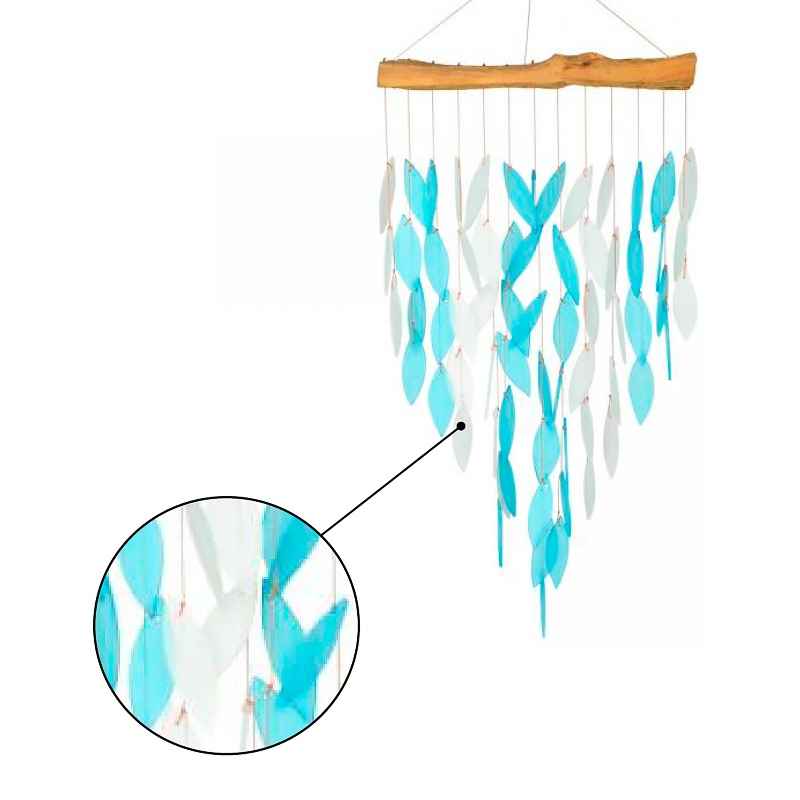 Large Glass Leaves on Driftwood Chime - Blue
